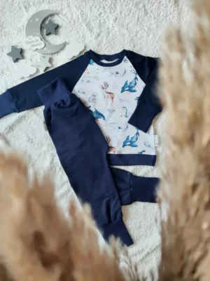 Ensemble Animaux Polaires : sweat évolutif avec motif animaux polaires et sarouel évolutif uni bleu marine, un look confortable et écoresponsable pour bébé de 24 à 36 mois.