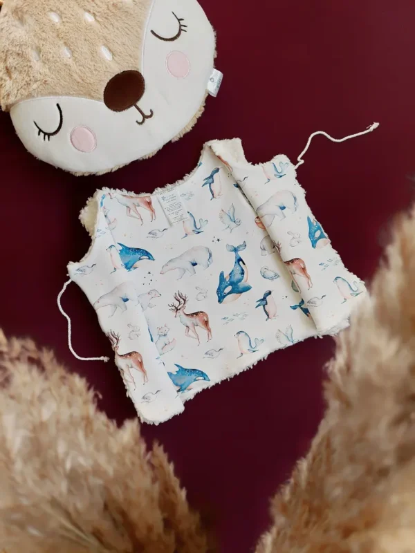 Gilet de berger réversible en coton bio, motif Animaux Polaires à l'intérieur et fausse fourrure ultra douce à l'extérieur, idéal pour l'hiver.